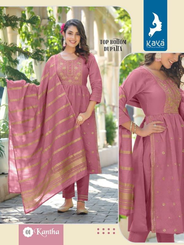 Kaya Kantha Viscose Silk Kurti Pant With Dupatta Collection